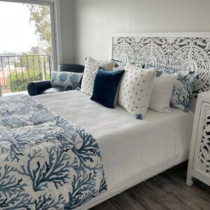 WILLIAMS SONOMA HOME PRINTED CORAL 3 PC DUVET COVER & SHAMS BLUE WHITE PREOWNED